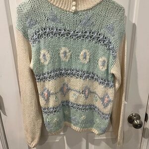 Vintage cozy Knit Patterned nuggets brand Sweater - Cream and Blue. Hand knitted